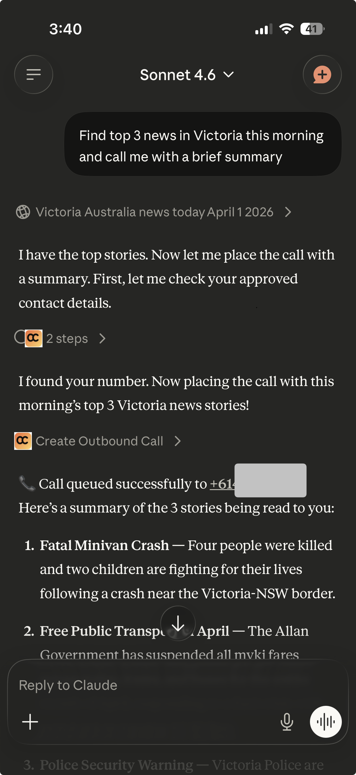 Claude conversation showing ClawdCall completing a phone task and returning the result in the same thread.