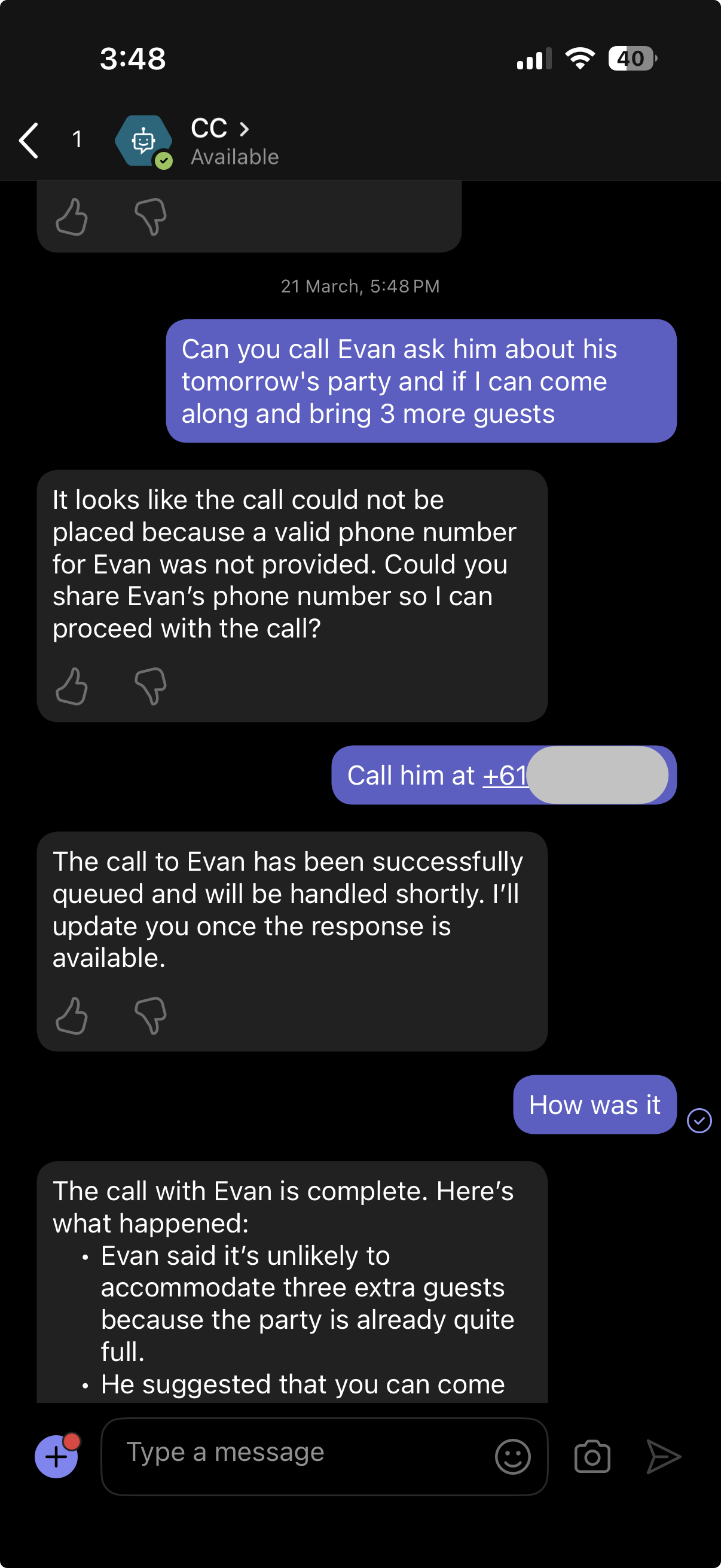 Microsoft Teams conversation showing ClawdCall handling a phone workflow and returning the result back into the thread.